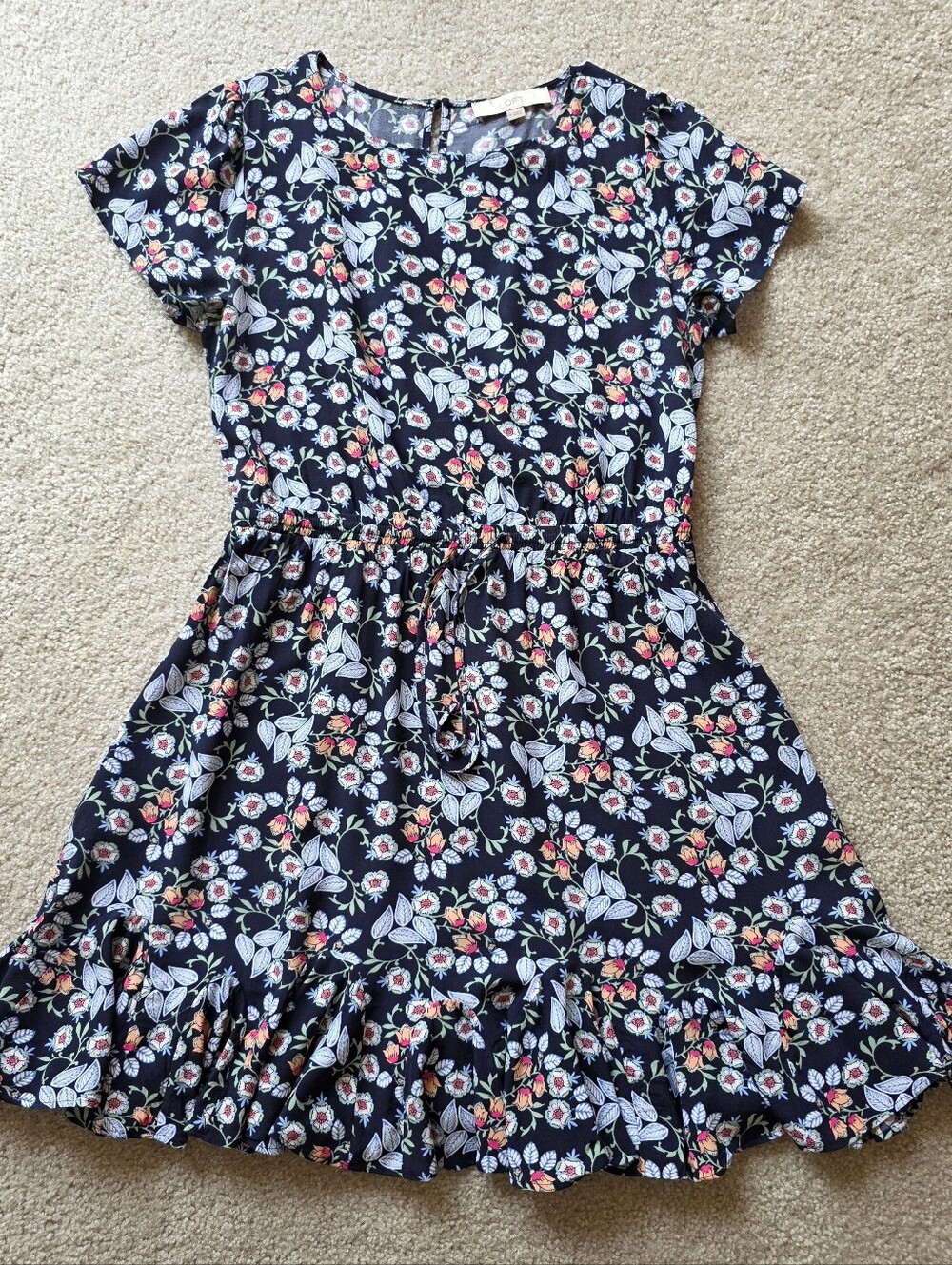 LOFT Summer Teacher Navy Floral Drawstring Waist Mini Dress Size M